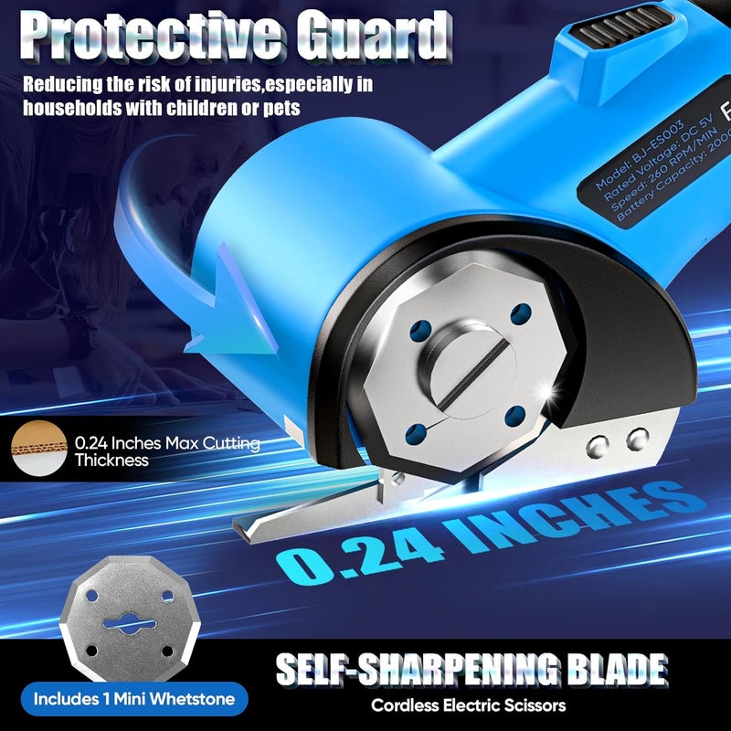 PHYSEN Store Cordless Electric Scissors, 5V Rechargeable Cardboard Box Cutter Heavy Duty Rotary Tool with Safety Lock & LED Light for Cardboard, Fabric, Box (Blue) - Image 5